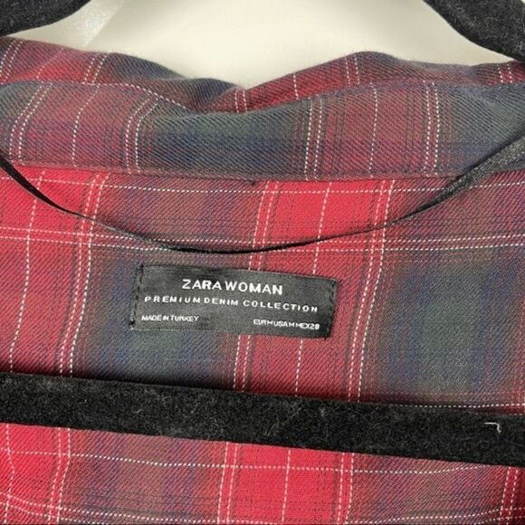 Zara Red Plaid Button Up Flannel Top Long Sleeve Asymmetrical Size Medium - Picture 7 of 10